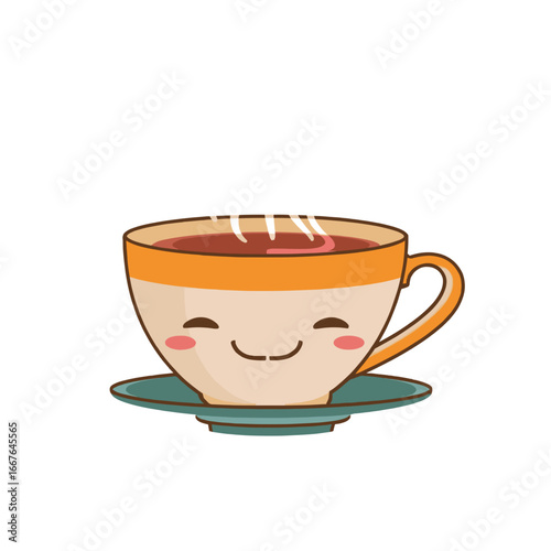 Cute smiling tea cup with steam on a saucer  