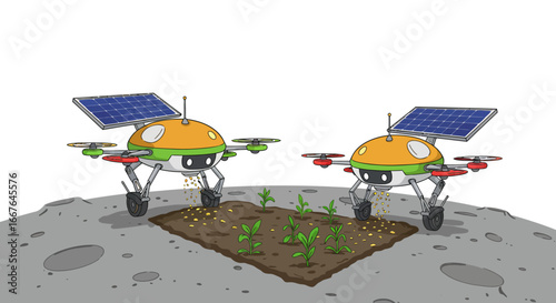 Cartoon robots tending space garden with solar panels on alien planet surface