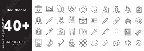 Medical icon set. Containing stethoscope, heart, syringe, medicine bottle, first aid kit, bandage, thermometer, hospital, nurse, doctor, pills, wheelchair, DNA, ECG monitor, ambulance, IV drip, micros