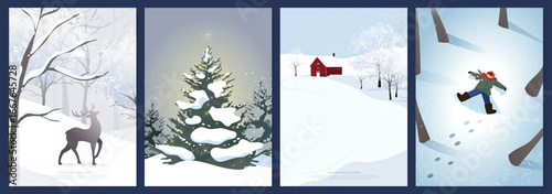 Winter landscape poster vector set. Christmas and Happy New Year season with house, reindeer, christmas tree and snowfall. Background design for invitation, card, social post, cover, sale banner, ads.