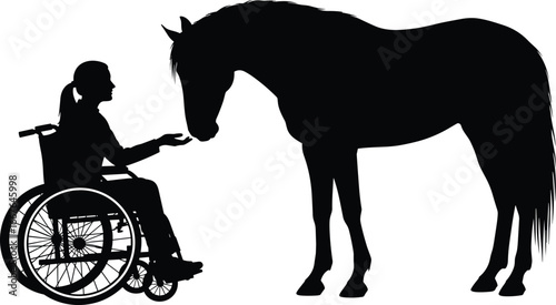 Silhouette of person in wheelchair with horse, emotional bond, disability and animal connection, therapeutic moment, black and white art, trust