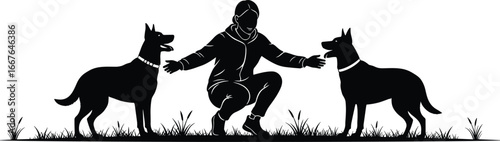 Silhouette of person training two dogs outdoors, black and white grass scene, squatting pose, interaction, pet obedience moment