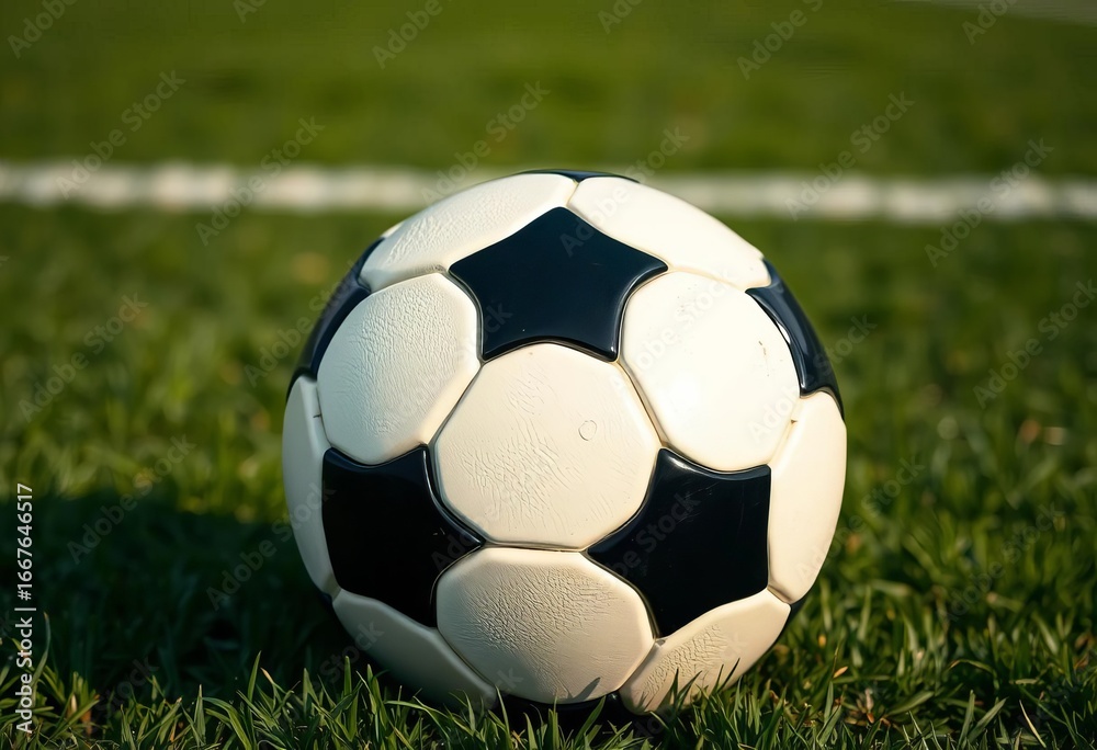 Obraz premium Close-up of a soccer ball on a green field, ready for kickoff, grass, intensity