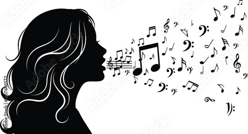 Silhouette of singing person, musical notes from mouth, vocal expression, music art concept, treble clef, sound wave, creative design