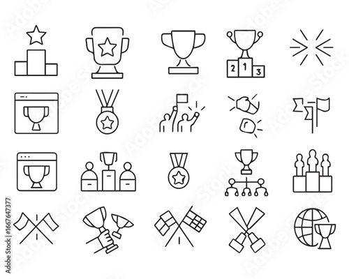 Set of outline icons related to competition. Linear icon collection