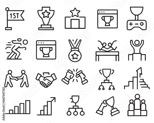 Set of outline icons related to competition. Linear icon collection