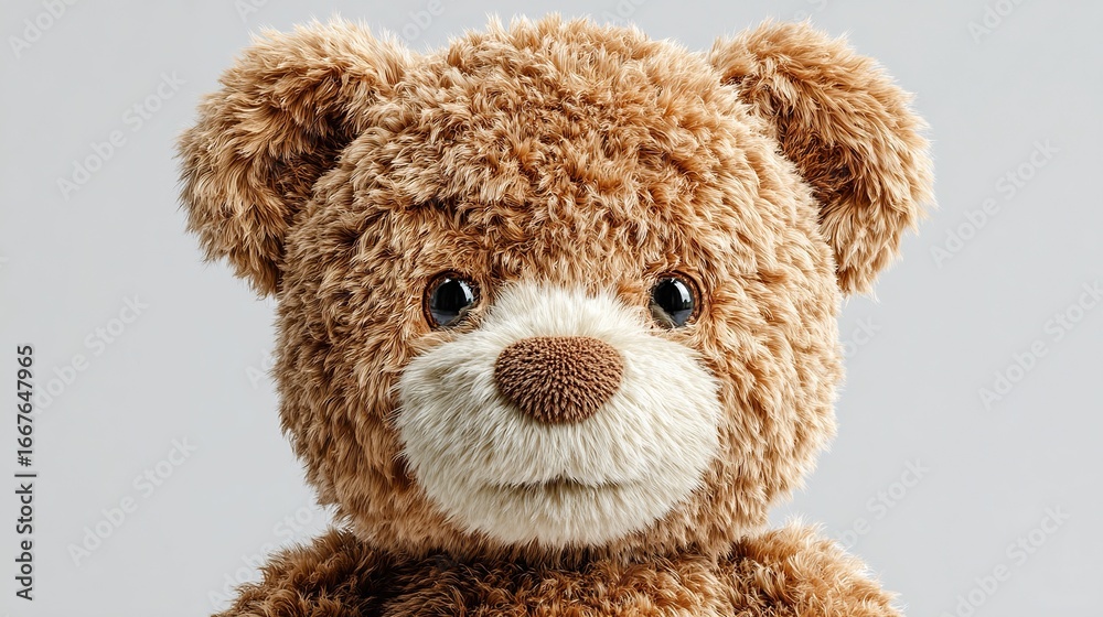 Fototapeta premium Fuzzy brown teddy bear, headshot, round eyes, light background, soft textures
