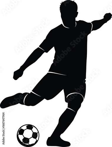 Vector art of a soccer player kicking a ball silhouette, demonstrating skill and precision in a dynamic action shot