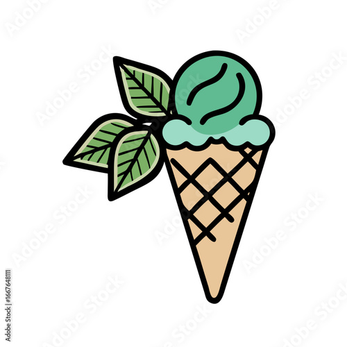 waffle cone with two scoops of basil and tea ice cream .icon 
