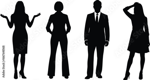 Silhouettes of diverse people, fashion poses, professional attire, body language, high heels, suit and tie, dress styles, standing figures