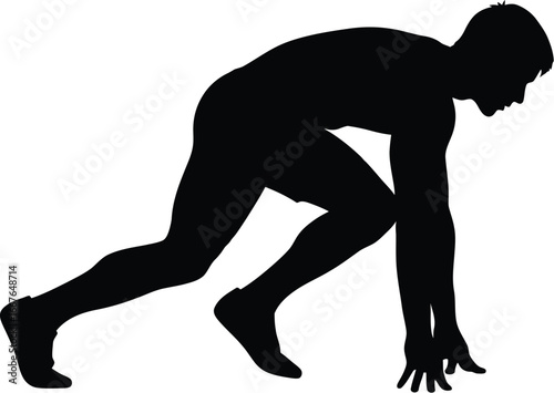 Vector art of a silhouette of a man running in starting position, showcasing speed, determination, and the thrill of competition.