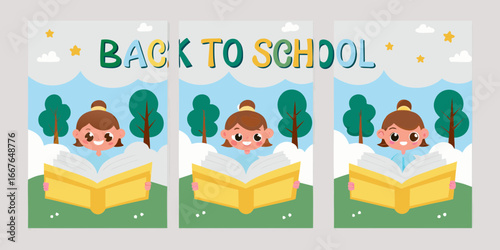 Cute Back to School Illustration with Girl Reading Book in Nature