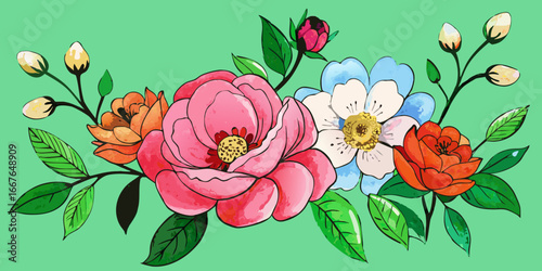 Watercolour blossoms, gouache botanical, oil-painted floral, hand-drawn flower art dark green backdrop.