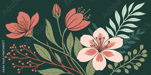 Watercolour blossoms, gouache botanical, oil-painted floral, hand-drawn flower art dark green backdrop.