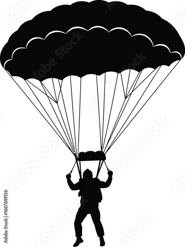Vector art of a parachutist descending with a parachute, capturing the thrill and adventure of skydiving in silhouette
