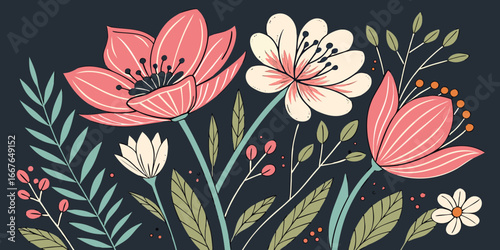 Watercolour blossoms, gouache botanical, oil-painted floral, hand-drawn flower art dark  backdrop.