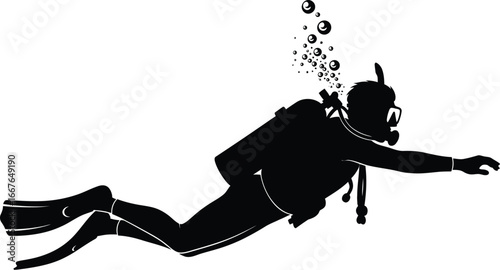 Vector art of a scuba diver swimming underwater, exploring the depths of the ocean in a silhouette illustration