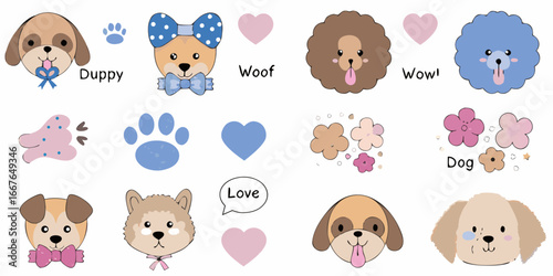 Cute Cartoon Dogs with Hearts Paws Flowers and Speech Bubbles Illustration