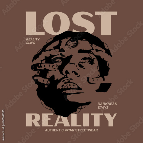 Streetwear design with bold text “Lost Reality” and a dark fragmented face, creating a horror-inspired aesthetic. Ideal for tees, hoodies, and posters.