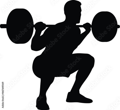 Vector art of the silhouette of a man doing a barbell squat exercise