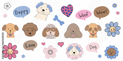 Cute Dog Cartoon Characters with Flowers Hearts and Speech Bubbles