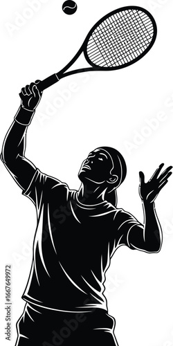 Vector art of a silhouette of a tennis player serving the ball with a racket