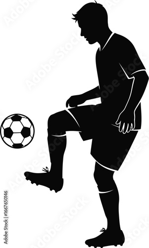 Vector art of a silhouette of a soccer player juggling a ball with his knee, showcasing skill and athleticism in a dynamic pose