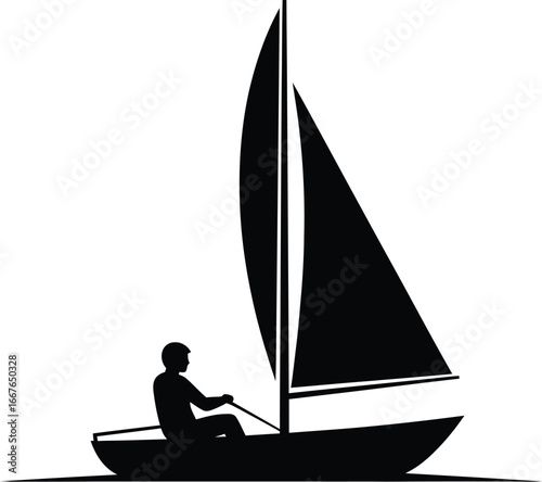 Vector art of a silhouette of a sailboat with a person sailing on the water