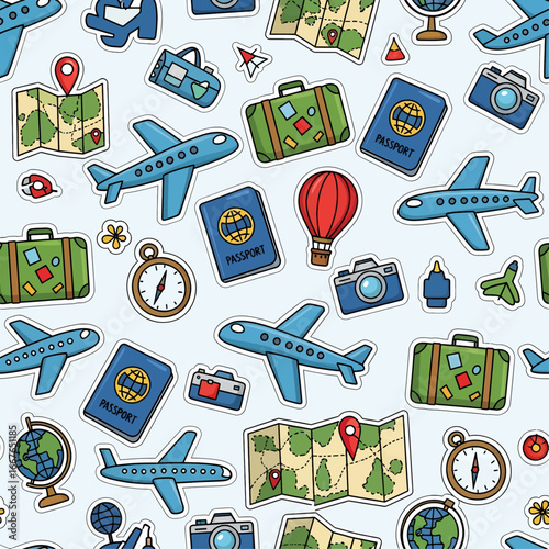 A whimsical, seamless pattern of cartoon travel stickers. Playful airplanes, passports, maps, and luggage evoke a sense of wanderlust and the excitement of a new adventure.