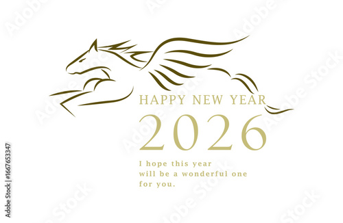 2026年 午年の年賀状デザイン｜シンプルなペガサス(馬)の線画イラスト