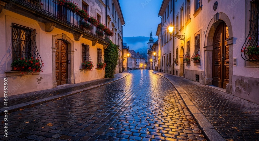 Obraz premium Picturesque european street with cobblestone road and historic buildings at dusk