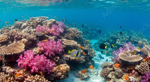 Fototapeta Naklejka Na Ścianę i Meble -  透き通る海中 鮮やか珊瑚礁 熱帯魚群泳ぐ (Sukitooru kaichu azayaka sanrago sho nettaigyo mure oyogu) Translation: Transparent ocean, vivid coral reef, tropical fish swimming.. AI Generated