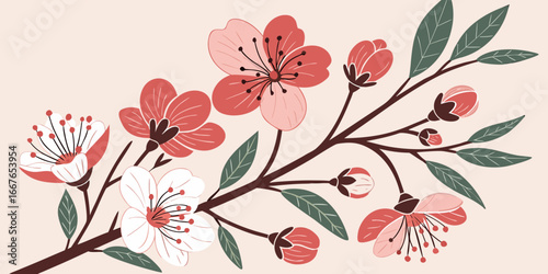 Watercolour blossoms, gouache botanical, oil-painted floral, hand-drawn flower art pink backdrop.