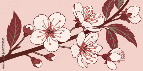 Watercolour blossoms, gouache botanical, oil-painted floral, hand-drawn flower art pink backdrop.