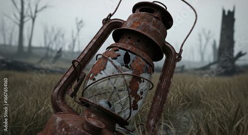 Realistic style photo of an old rusty lantern with broken glass lying in a desolate post-apocalyptic field with dry grass