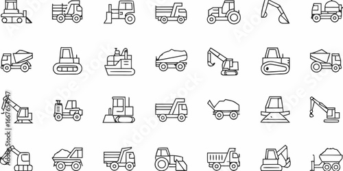Vector Line Art Illustration of Construction Vehicles and Heavy Equipment