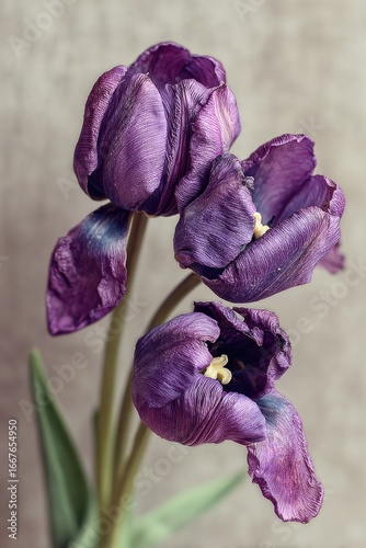 Three faded purple tulips against a muted background