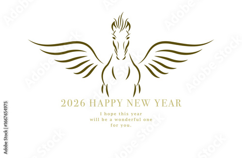 2026年 午年の年賀状デザイン｜シンプルなペガサス(馬)の線画イラスト