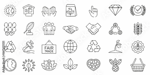 Set of linear icons related to fair trade and sustainable development