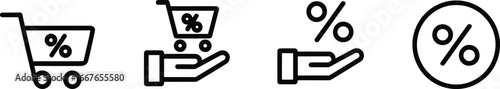 Explore discount offers and sales on shopping carts and hand deals with percentage symbol icons