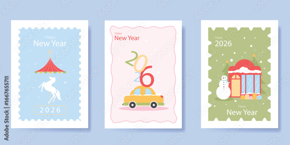Naklejka premium Christmas and Happy Holidays poster vector set. Happy New Year template with carousel, car, snowman, pine tree on blue, pink and green background. Design for card, cover, social media, ads.