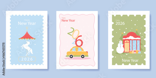 Christmas and Happy Holidays poster vector set. Happy New Year template with carousel, car, snowman, pine tree on blue, pink and green background. Design for card, cover, social media, ads.