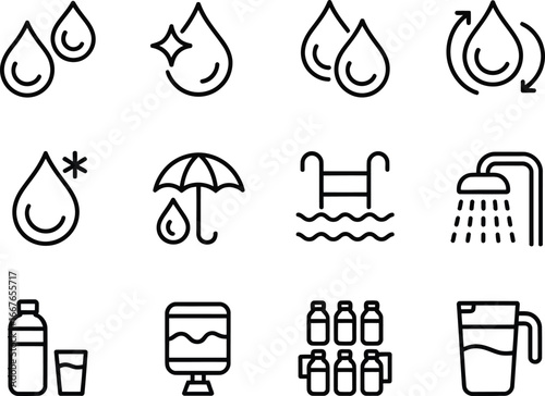 Water icons vector set for clean water resources and conservation with water drop and water cycle signs