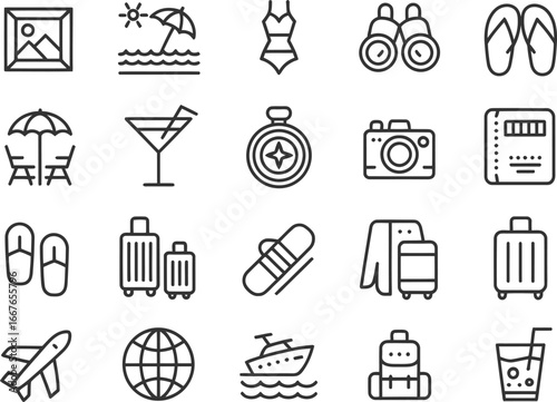 Travel planning essentials icons vector set for vacation trip summer holiday and tourism design