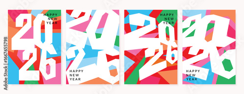Happy new year 2026 poster vector set. New year celebration with white number and abstract shape collage. Abstract modern illustration Design for card, cover, print, social media, ads.
