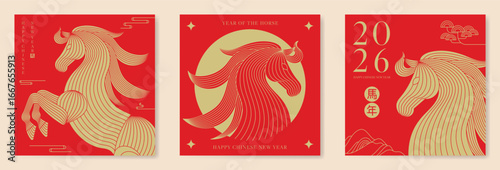 Happy Chinese new year 2026 square poster vector set. Year of the horse zodiac template with horse, mountain line art on red background. Design for card, cover, Happy New Year, ads.