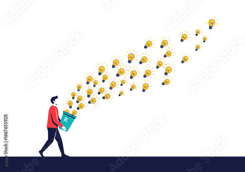 A person is dispensing a multitude of bright ideas from a recycling bin into the sky