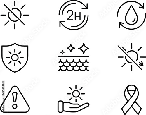 Sun protection skincare beauty treatment icons set vector illustration for graphic and web design use