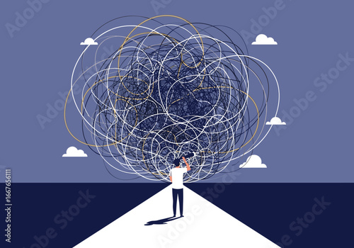 Person contemplating a complex tangled web of thoughts and ideas while searching for a clear path forward in life