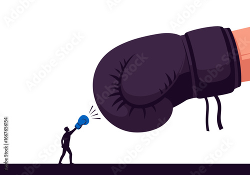Giant boxing glove confronting small silhouette in a david versus goliath struggle for supremacy and victory